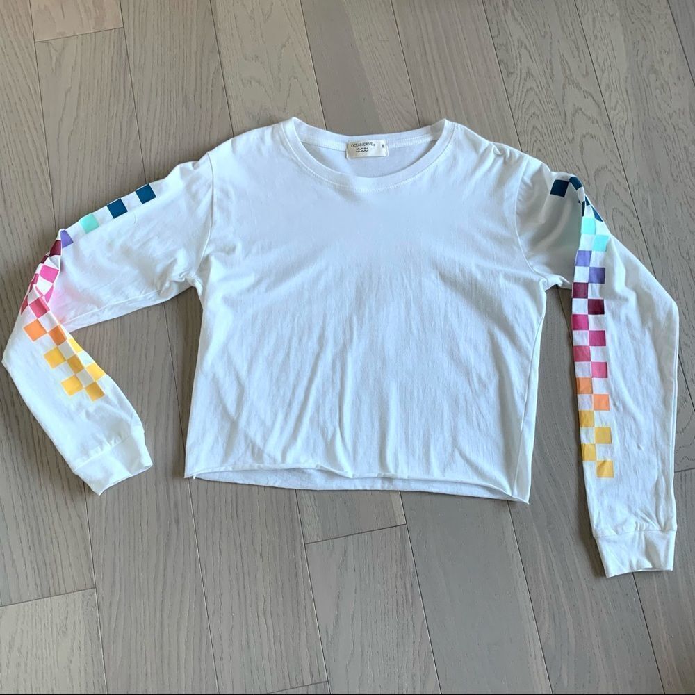 Ocean Drive Cropped Long Sleeve White Tee with Racing Stripe Sleeve